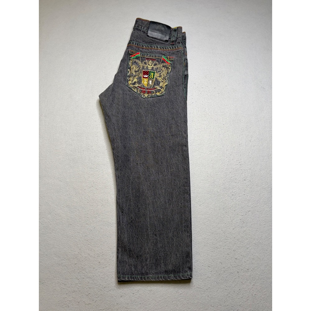 Avirex Jeans Mens 36 Black Empire State Kings Y2K Baggy Embroidered Crest‎ Denim